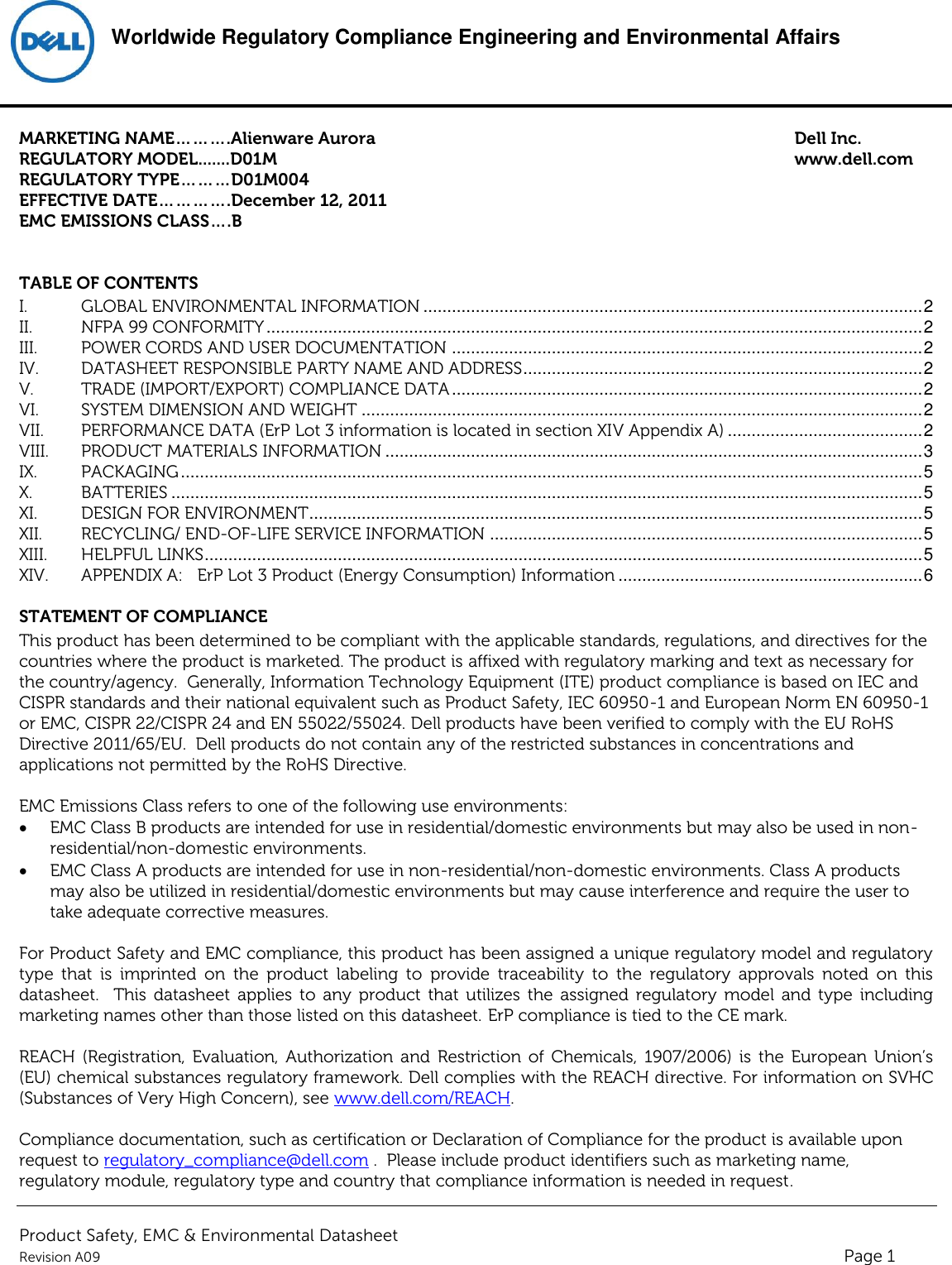 Page 1 of 6 - Dell Alienware-aurora Product Safety, EMC And Environmental Datasheet User Manual  - Regulatory Alienware Aurora,d01m,d01m004,dell