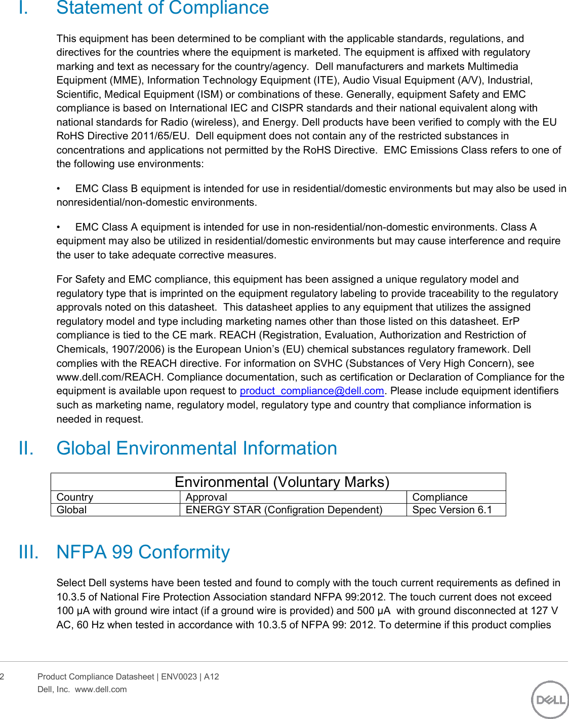 Page 2 of 10 - Dell Alienware-aurora-r7-desktop - ENV0023_A12-00_Shadowcat CFL User Manual DalÅ¡Ã­ Dokumenty Regulatory And Environmental Datasheet Alienware Aurora R7,d23m,d23m002,dell