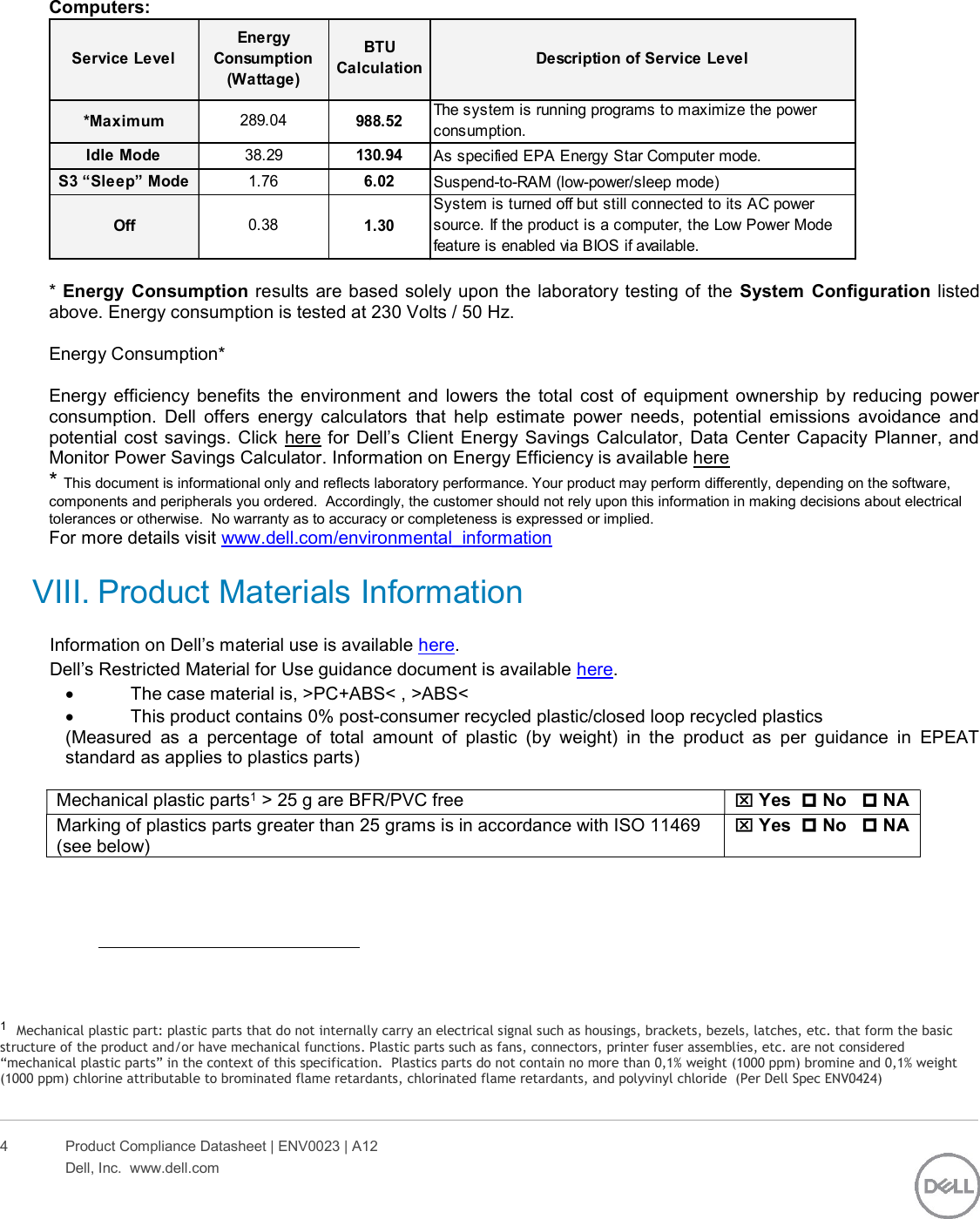 Page 4 of 10 - Dell Alienware-aurora-r7-desktop - ENV0023_A12-00_Shadowcat CFL User Manual DalÅ¡Ã­ Dokumenty Regulatory And Environmental Datasheet Alienware Aurora R7,d23m,d23m002,dell