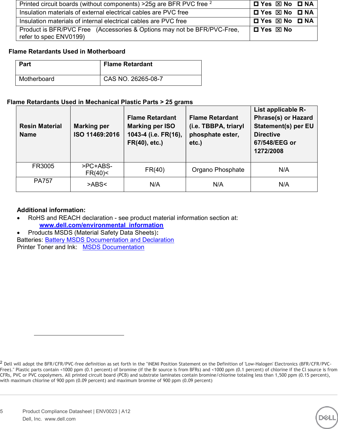 Page 5 of 10 - Dell Alienware-aurora-r7-desktop - ENV0023_A12-00_Shadowcat CFL User Manual DalÅ¡Ã­ Dokumenty Regulatory And Environmental Datasheet Alienware Aurora R7,d23m,d23m002,dell