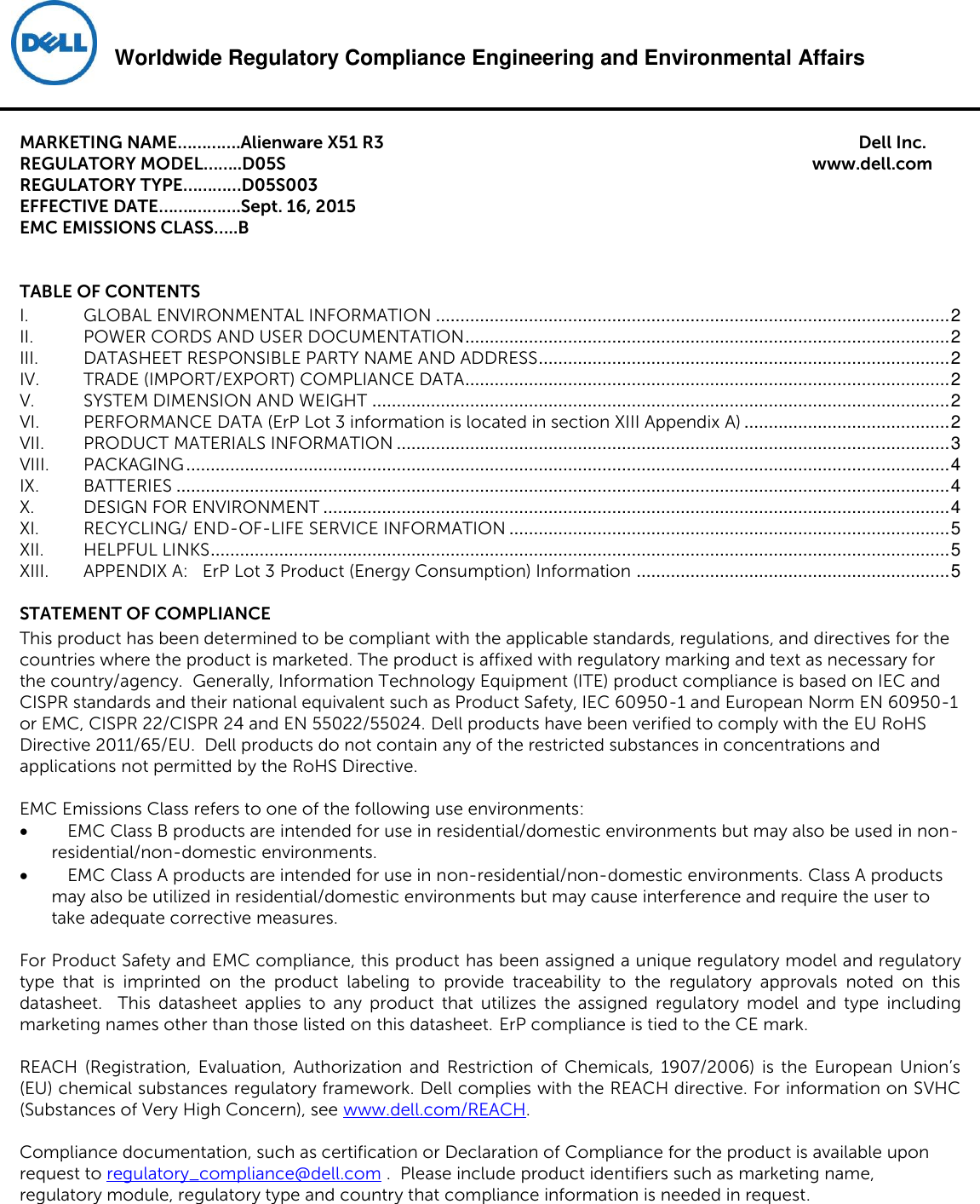 Dell Alienware X51 R3 Product Safety Emc And Environmental Datasheet User Manual Yderligere Dokumenter Regulatory R3 D05s003 D05s003 Dell