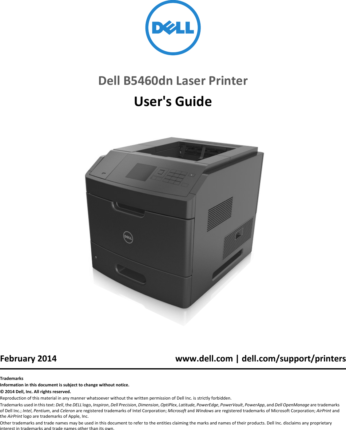 Dell b5460dn Mono Laser Printer User's Guide User Manual En us