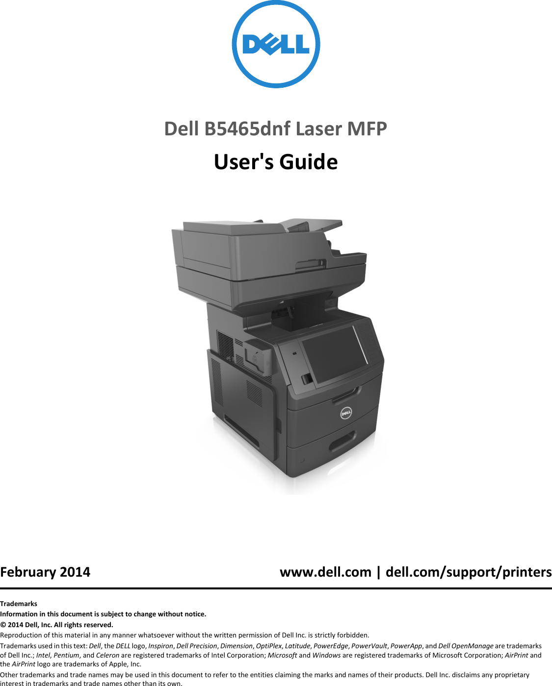 Dell B5465dnf Mono Laser Printer User's Guide User Manual En Us