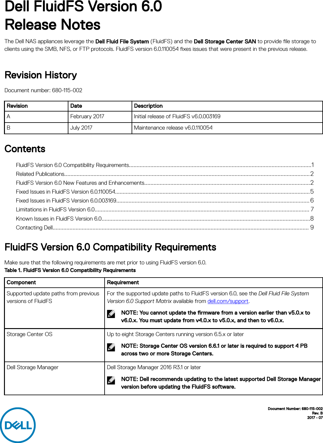 Page 1 of 9 - Dell Dell-compellent-fs8600 FluidFS Version 6.0 Release Notes User Manual  - Fluid FS Notes2 En-us