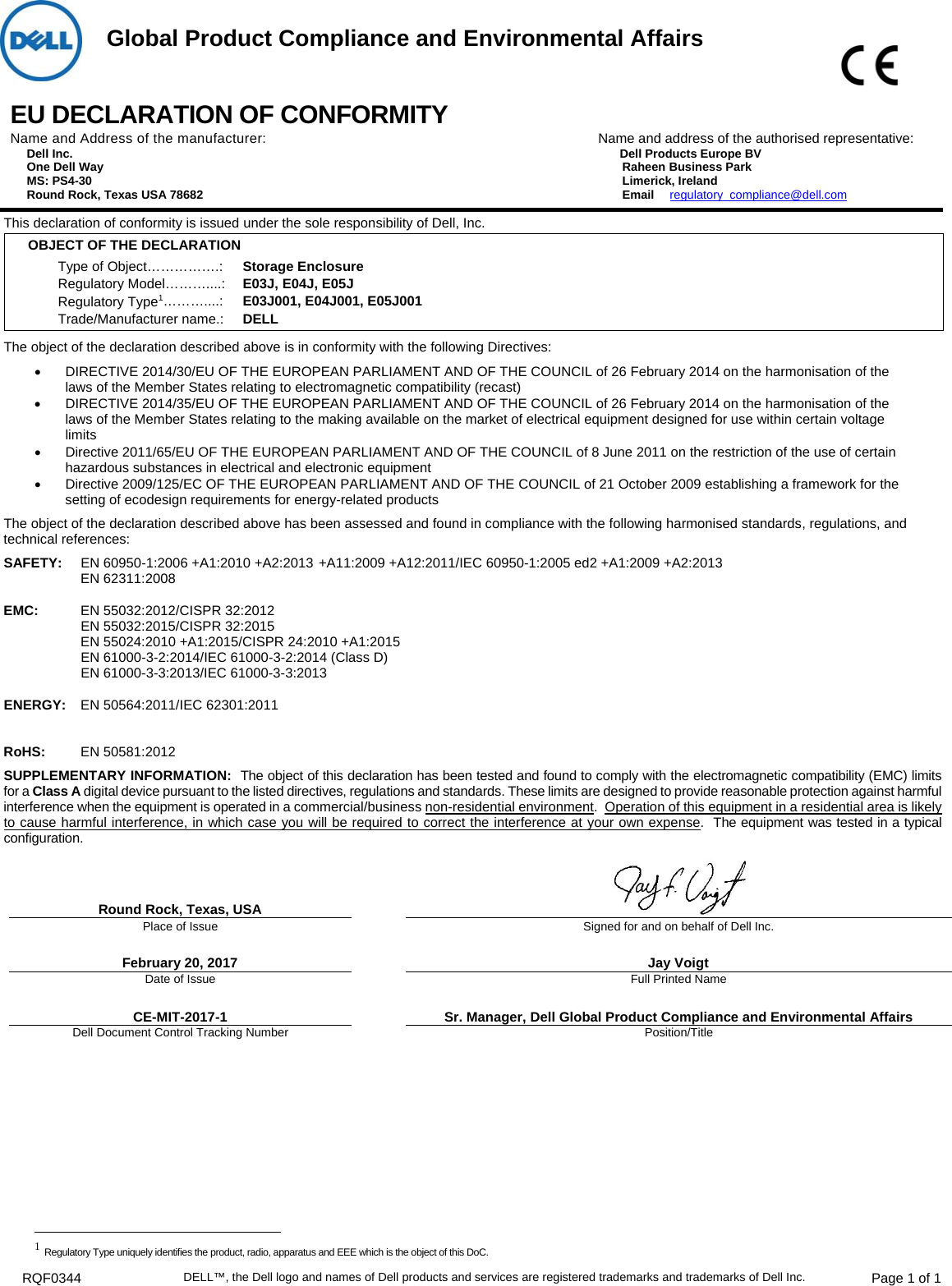 Page 1 of 1 - Dell Dell-compellent-sc200 - E03J_E04J_E05J European Union Class A Declaration Of Conformity Non-Radio Product 55032 Update User Manual Regulatory Information CE Compellent Sc200,e03j,e03j001,european