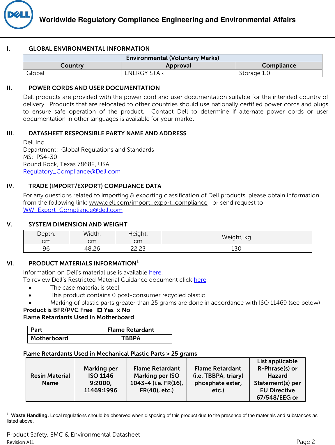 Page 2 of 4 - Dell Dell-compellent-sc280 Product Safety, EMC And Environmental Datasheet User Manual Regulatory Information - Compellent Sc280,e11j,e11j001,dell