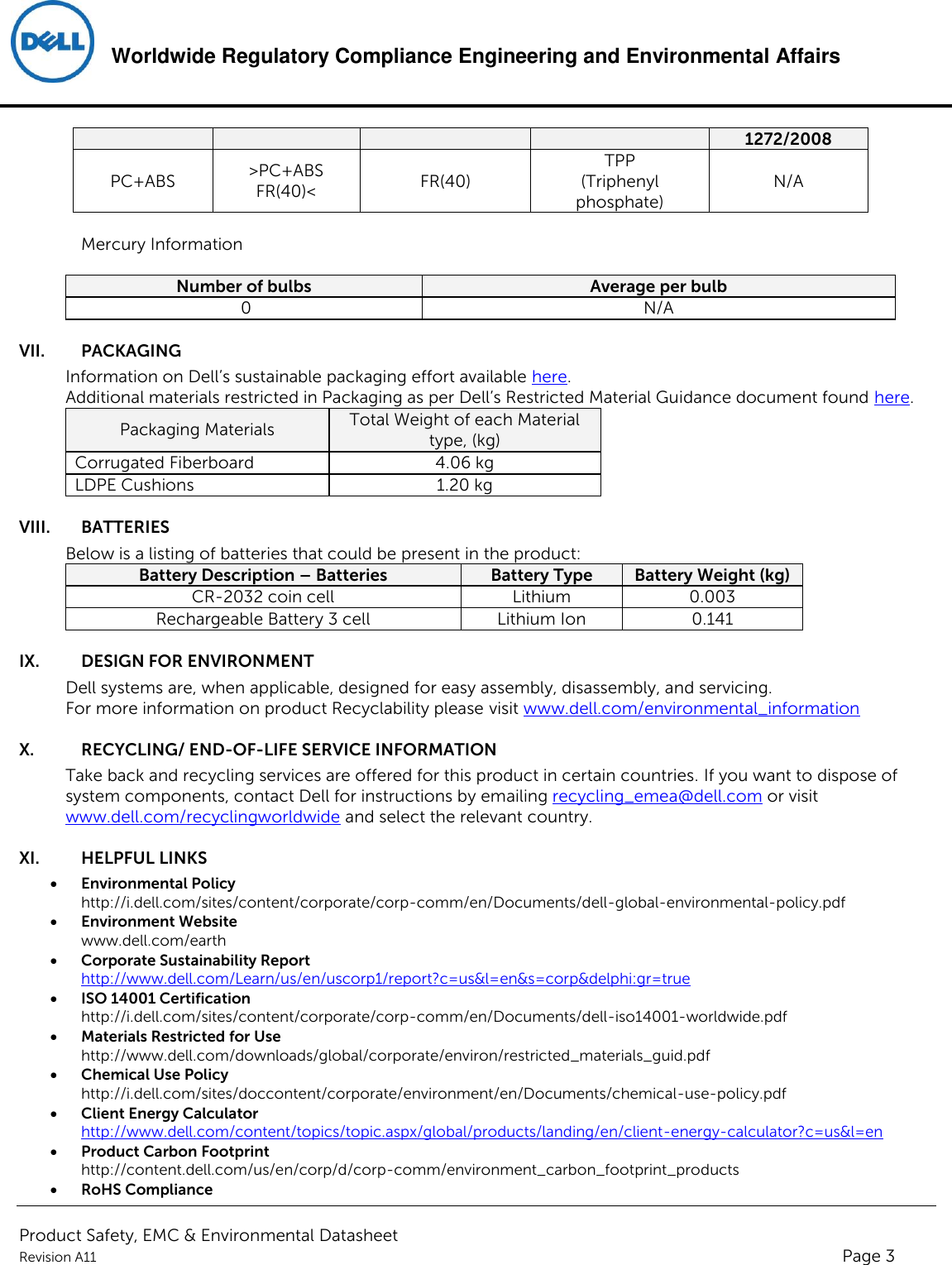 Page 3 of 4 - Dell Dell-compellent-sc280 Product Safety, EMC And Environmental Datasheet User Manual Regulatory Information - Compellent Sc280,e11j,e11j001,dell