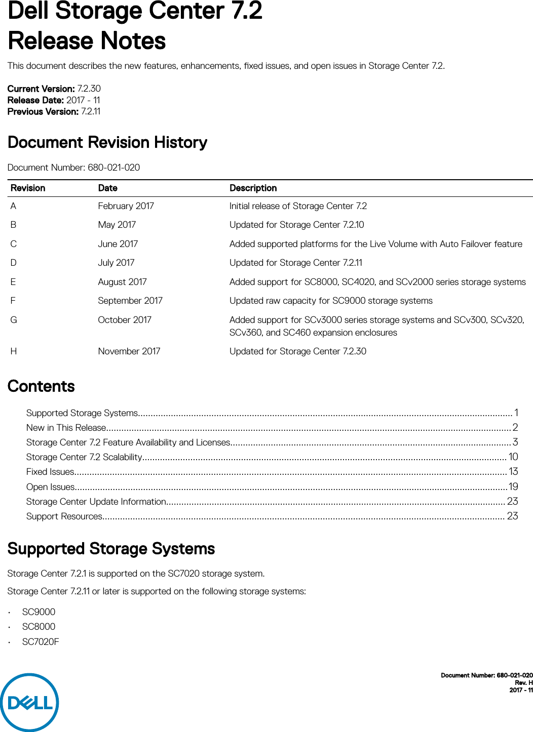 Dell compellent sc4020 Storage Center 7.2 Release Notes User Manual ...