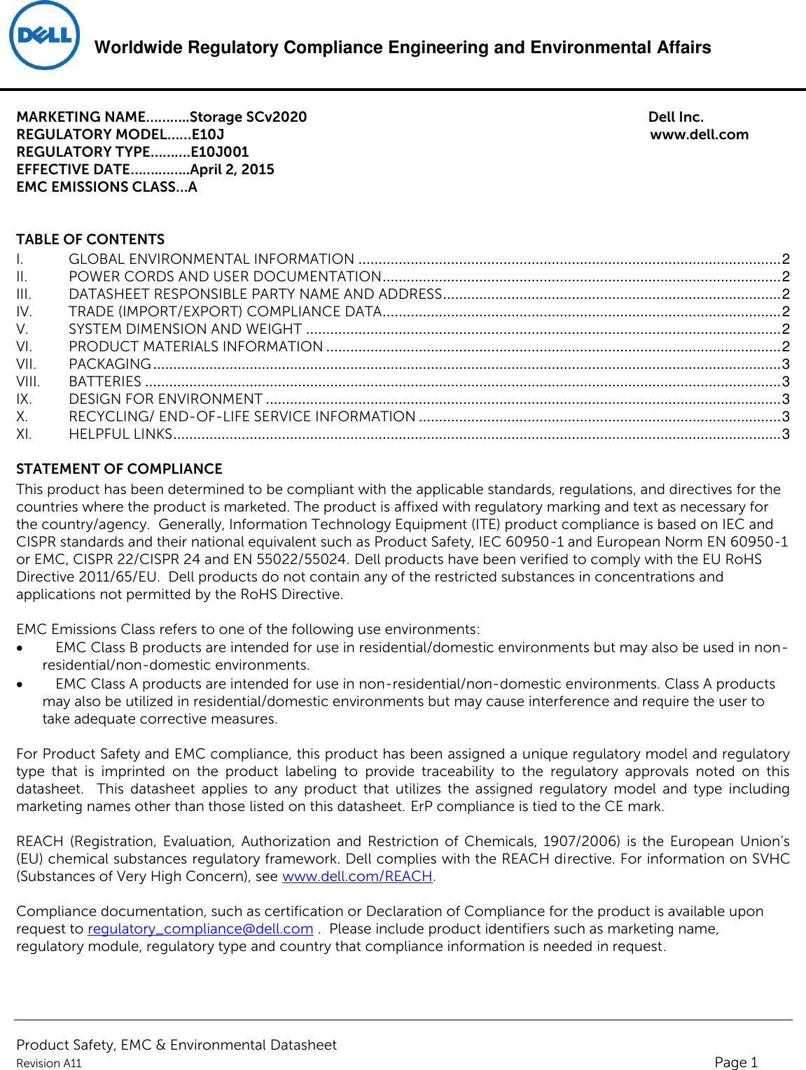 Page 1 of 4 - Dell Dell-compellent-sc4020 Product Safety, EMC And Environmental Datasheet User Manual Weitere Dokumente - Regulatory Compellent Sc4020,e10j,e10j001,dell