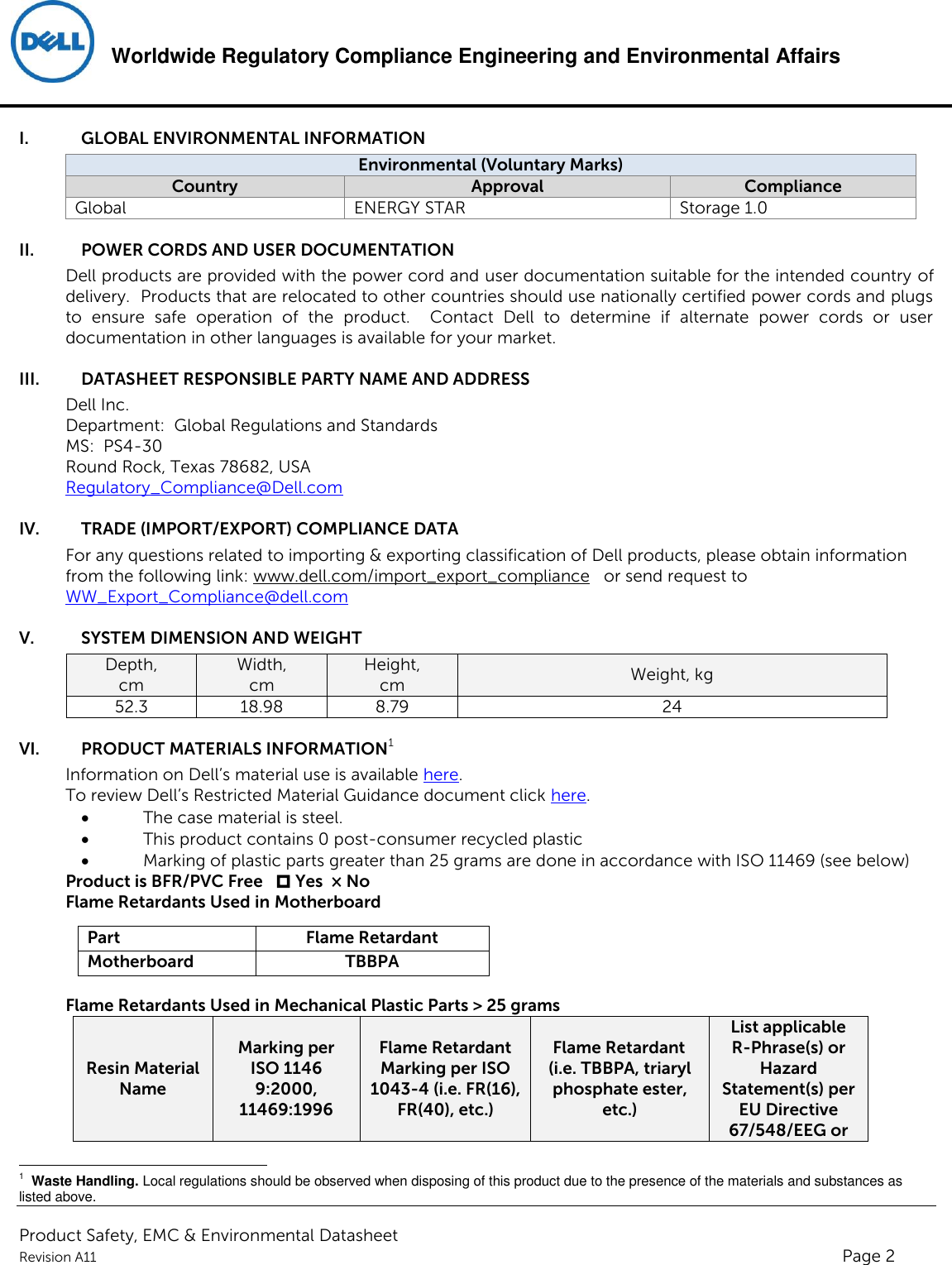 Page 2 of 4 - Dell Dell-compellent-sc4020 Product Safety, EMC And Environmental Datasheet User Manual Weitere Dokumente - Regulatory Compellent Sc4020,e10j,e10j001,dell