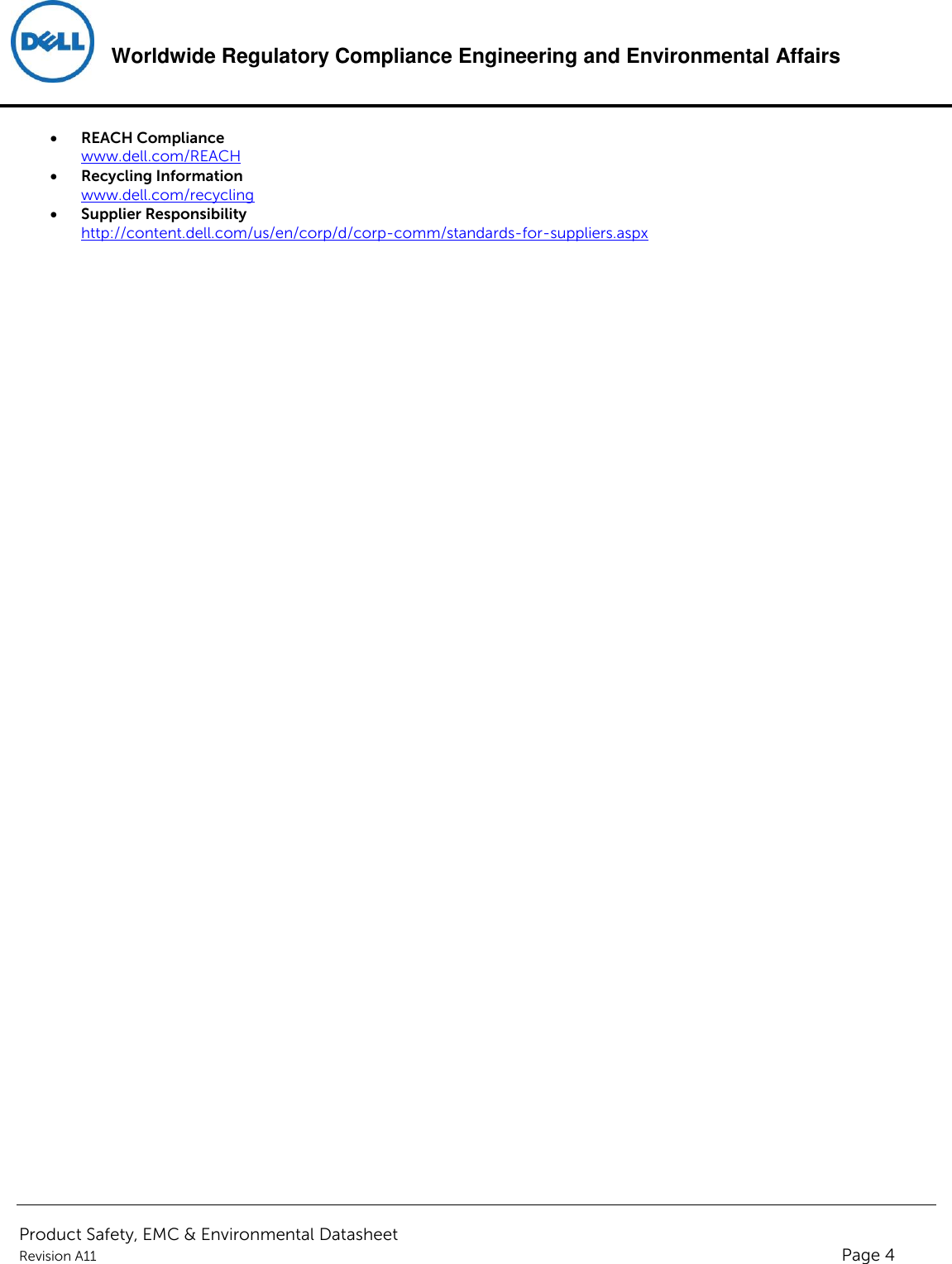 Page 4 of 4 - Dell Dell-compellent-sc4020 Product Safety, EMC And Environmental Datasheet User Manual Weitere Dokumente - Regulatory Compellent Sc4020,e10j,e10j001,dell