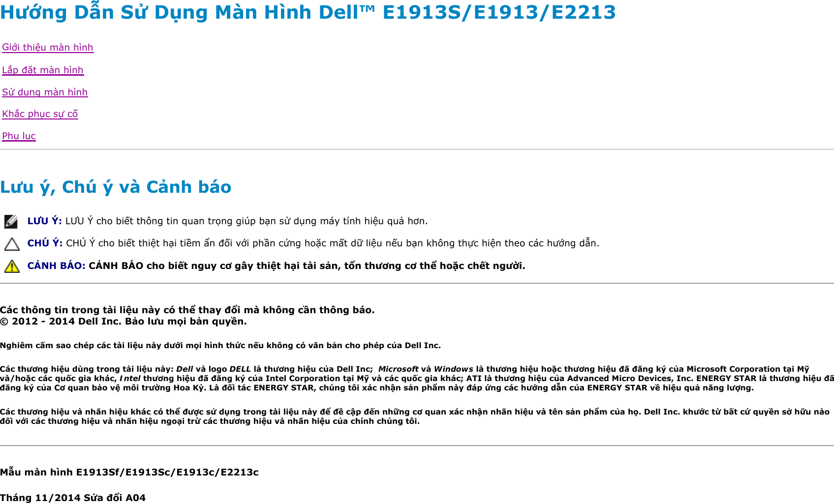 Dell E1913s Hướng Dẫn Người Dung User Manual Hae Ae I Ng Da Iƒn Ngae Ae I I Dui Ng User S Guide Vi Vn