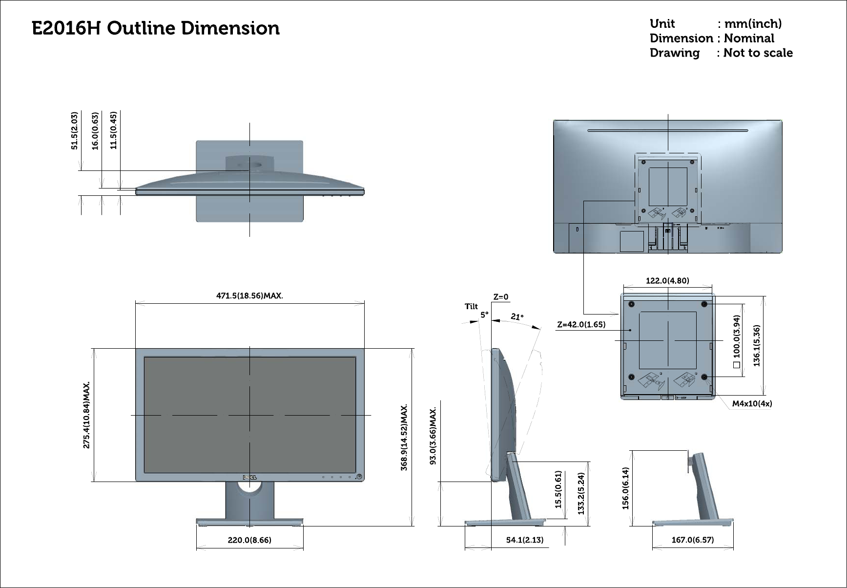 Page 1 of 1 - Dell Dell-e2016h-monitor Outline Dimension User Manual  - Reference Guide En-us