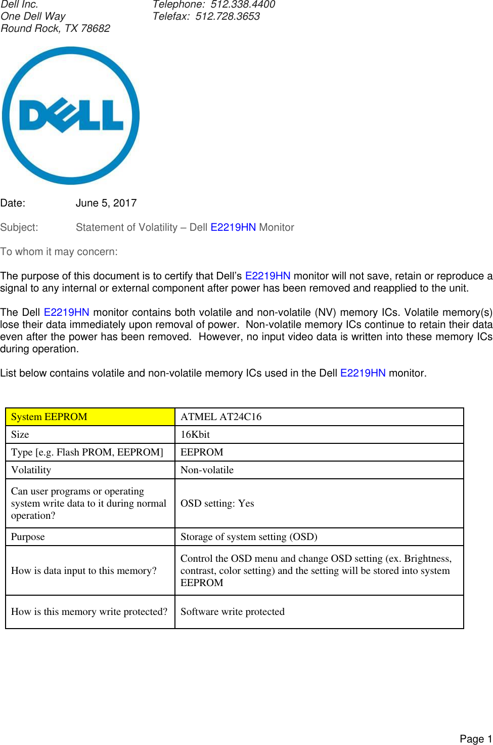 Dell e2219hn monitor Statement Of Volatility User Manual Reference Guide9 En us