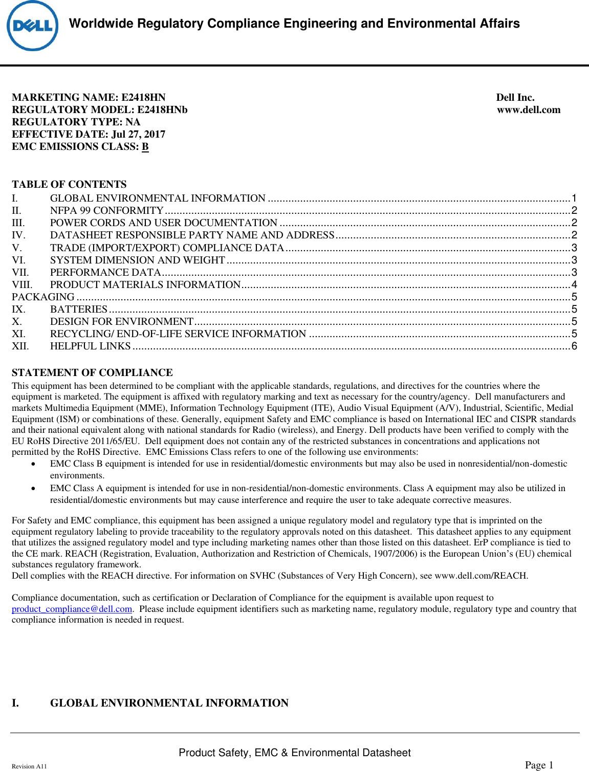 Page 1 of 6 - Dell Dell-e2418hn-monitor Product Safety, EMC And Environmental Datasheet User Manual  - Regulatory Monitor E2418hn,e2418hnb,n A,dell