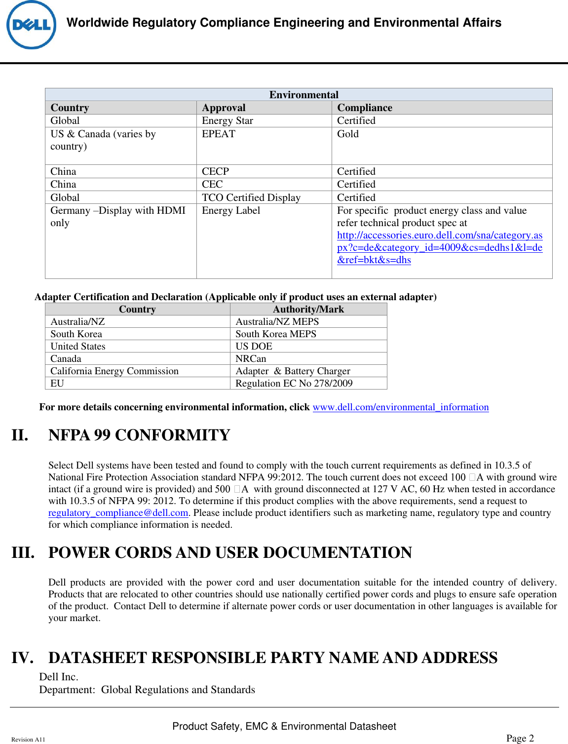 Page 2 of 6 - Dell Dell-e2418hn-monitor Product Safety, EMC And Environmental Datasheet User Manual  - Regulatory Monitor E2418hn,e2418hnb,n A,dell