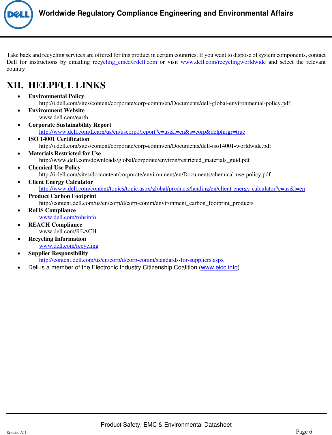 Page 6 of 6 - Dell Dell-e2418hn-monitor Product Safety, EMC And Environmental Datasheet User Manual  - Regulatory Monitor E2418hn,e2418hnb,n A,dell