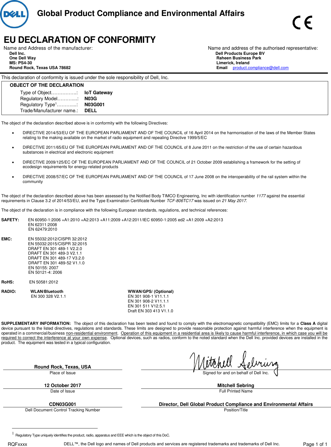 Dell edge gateway 3000 series RQF0345 User Manual EUROPEAN UNION CE ...