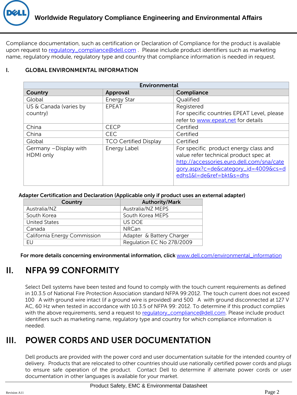 Page 2 of 6 - Dell Dell-p2017h-monitor - Disp_p2017hc User Manual  Regulatory And Environmental Datasheet Monitor P2017h,p2017hc,n A,dell