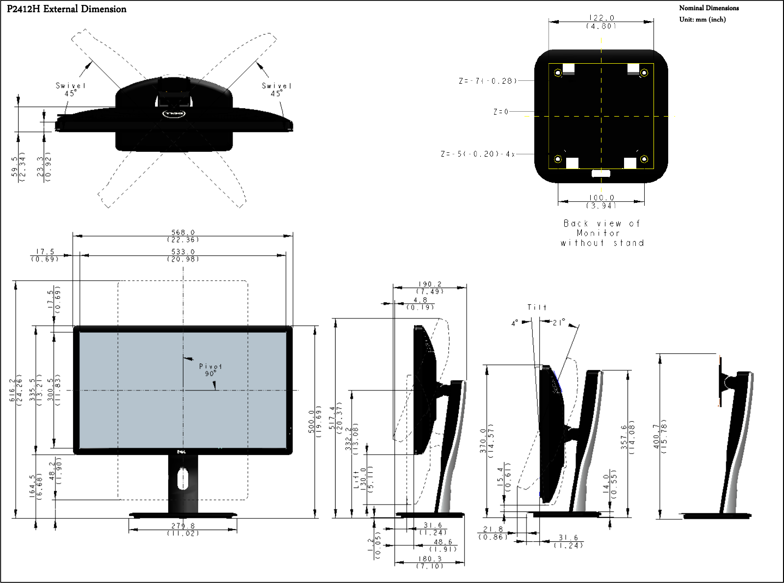 Page 1 of 1 - Dell Dell-p2412h P2412H Monitor Outline Drawing User Manual - Setup Guide2 En-us