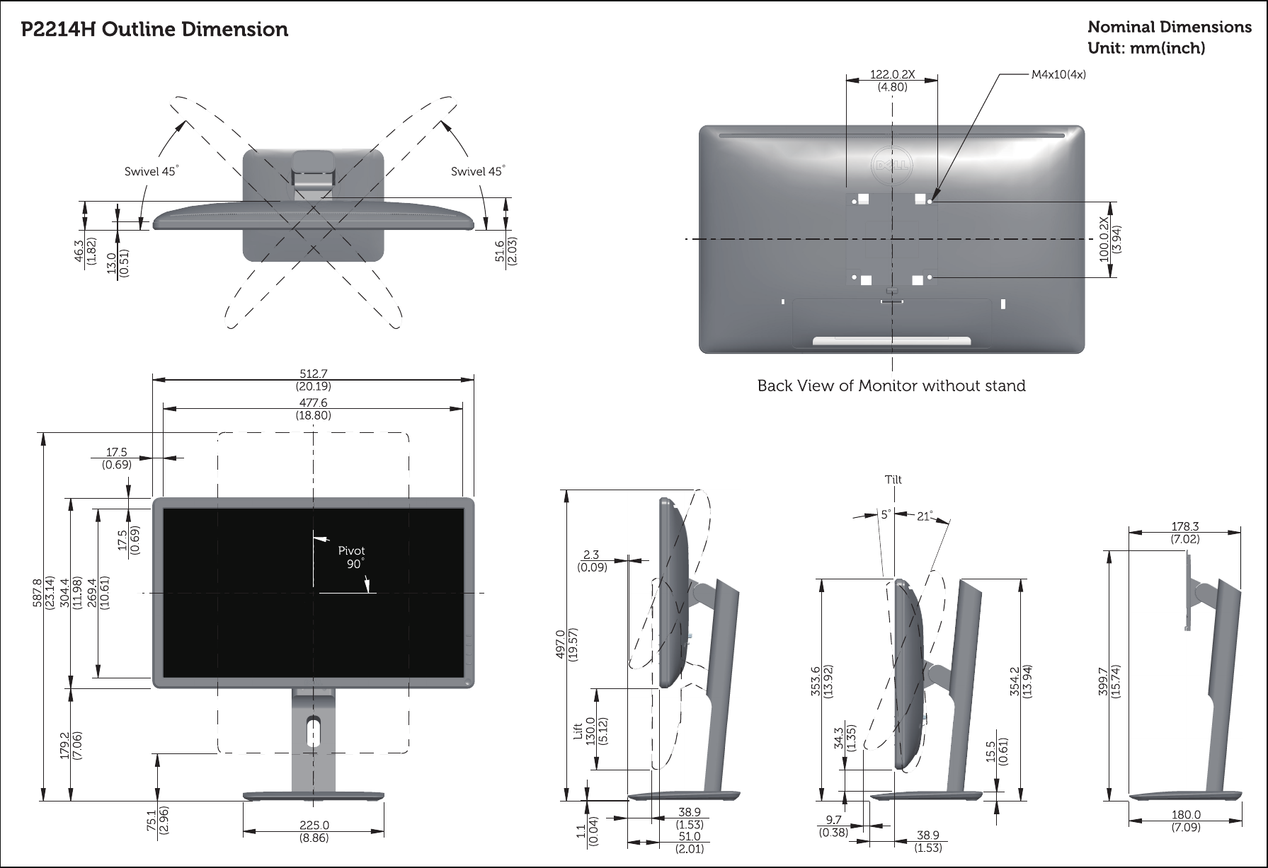 dell p2414h dimensions