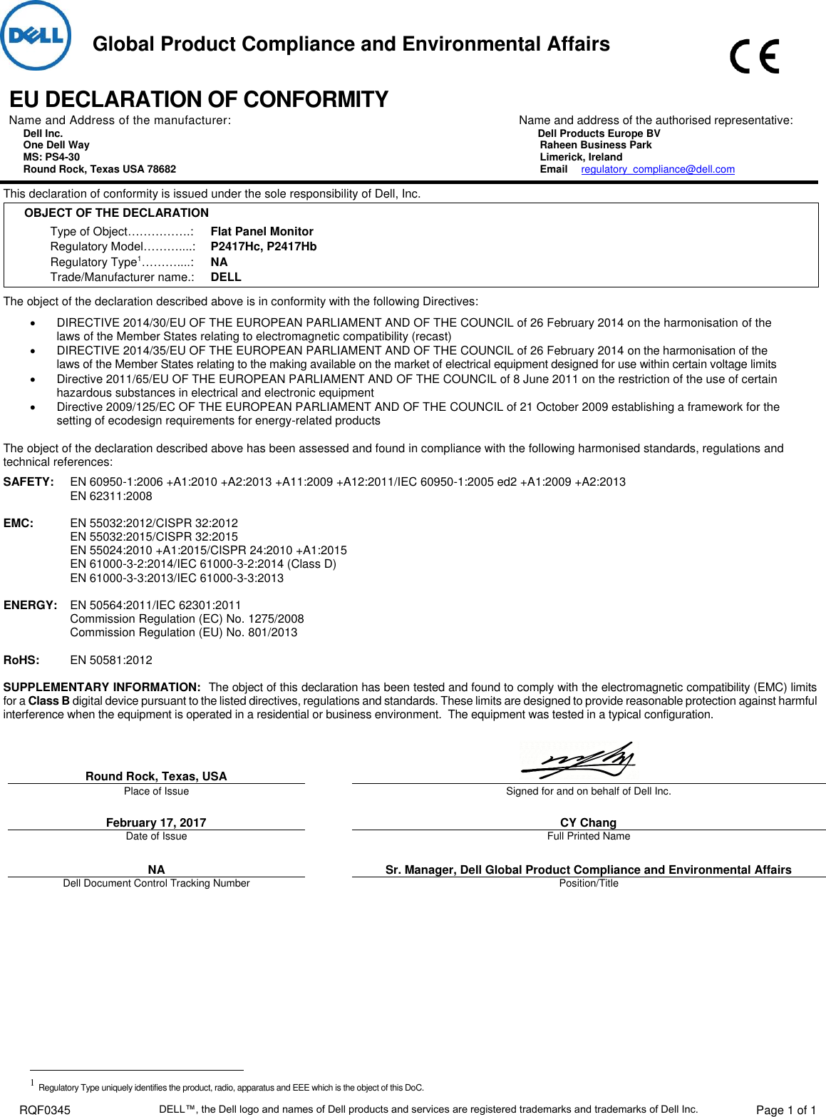 Page 1 of 1 - Dell Dell-p2417h-monitor RQF0345 User Manual  - EUROPEAN UNION CE Declaration Of Conformity Monitor P2417h,p2417hc,n A,european