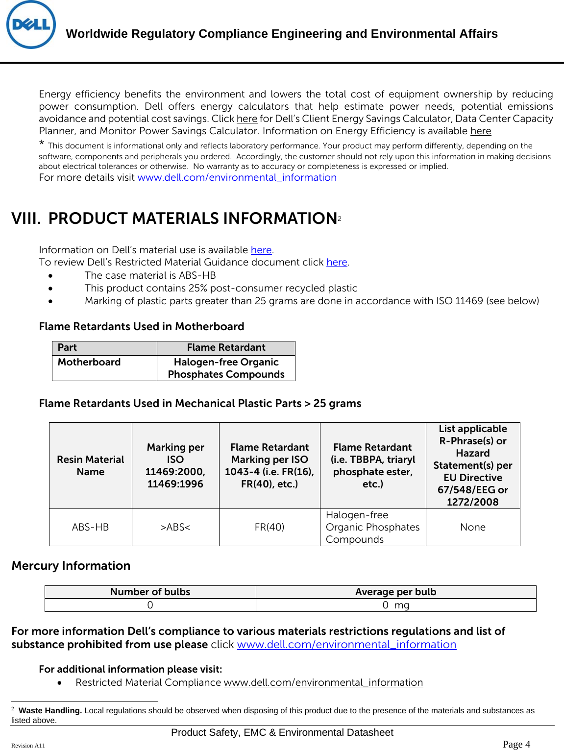 Page 4 of 6 - Dell Dell-p2417h-monitor - Disp_p2417hb User Manual  Regulatory And Environmental Datasheet Monitor P2417h,p2417hb,n A,dell