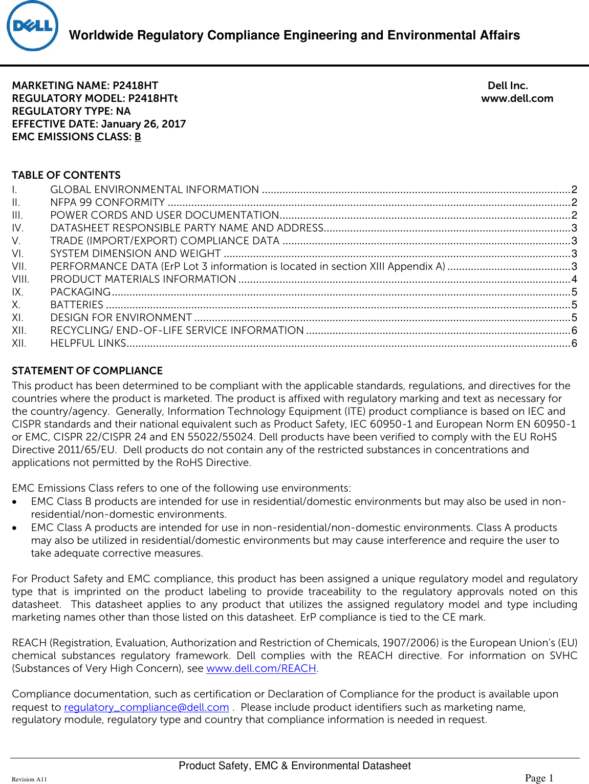 Page 1 of 6 - Dell Dell-p2418ht-monitor Product Safety, EMC And Environmental Datasheet User Manual  - Regulatory Monitor P2418ht,p2418htt,n A,dell