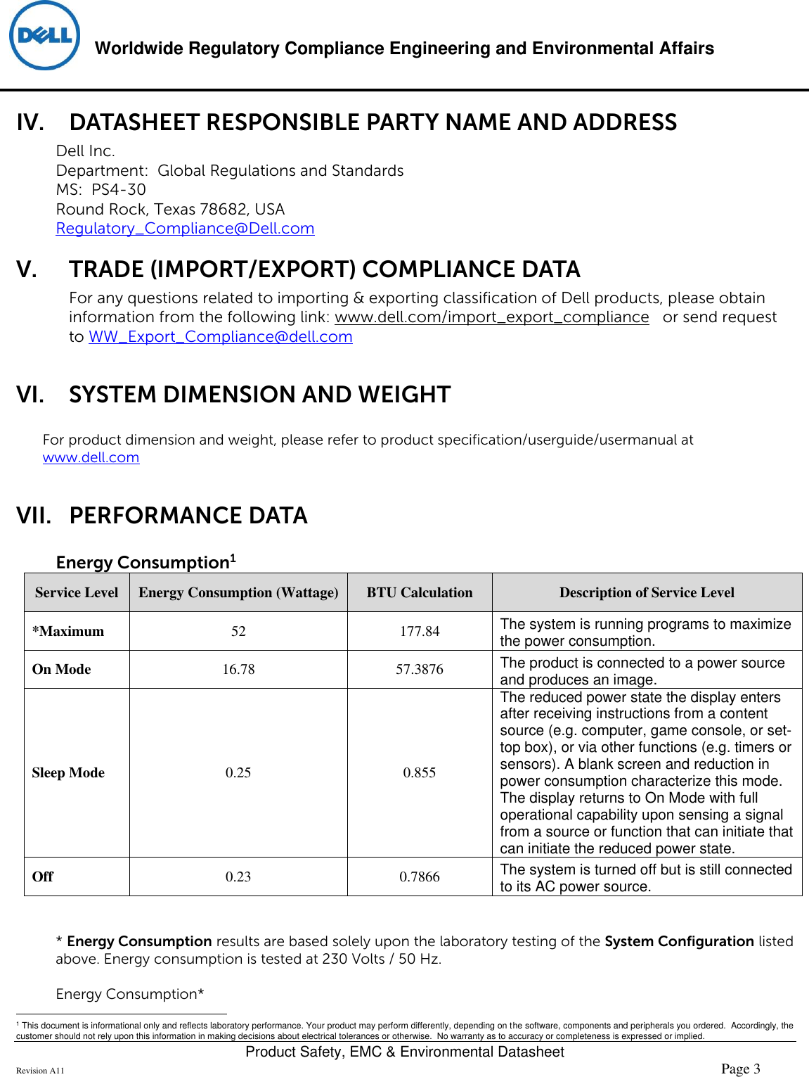 Page 3 of 6 - Dell Dell-p2418ht-monitor Product Safety, EMC And Environmental Datasheet User Manual  - Regulatory Monitor P2418ht,p2418htt,n A,dell