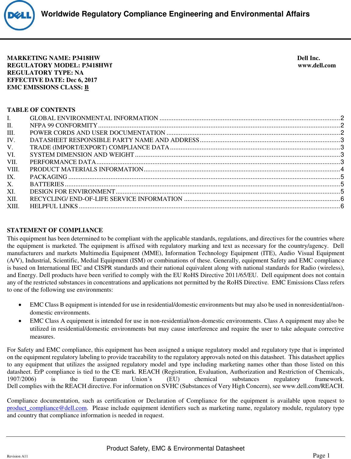 Page 1 of 6 - Dell Dell-p3418hw-monitor Product Safety, EMC And Environmental Datasheet User Manual  - Regulatory Monitor P3418hw,p3418hwf,n A,dell