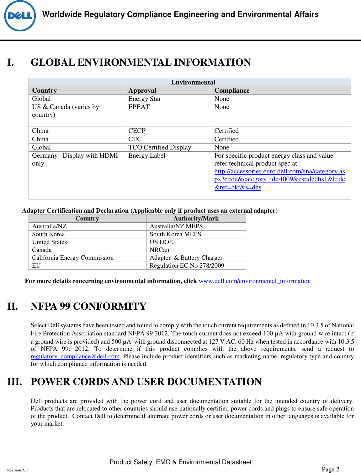 Page 2 of 6 - Dell Dell-p3418hw-monitor Product Safety, EMC And Environmental Datasheet User Manual  - Regulatory Monitor P3418hw,p3418hwf,n A,dell
