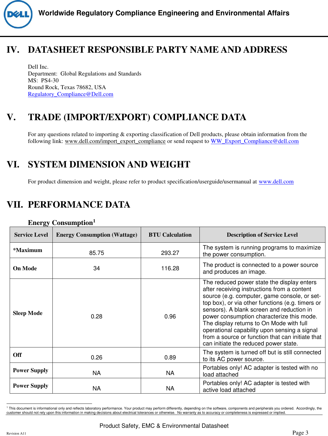 Page 3 of 6 - Dell Dell-p3418hw-monitor Product Safety, EMC And Environmental Datasheet User Manual  - Regulatory Monitor P3418hw,p3418hwf,n A,dell