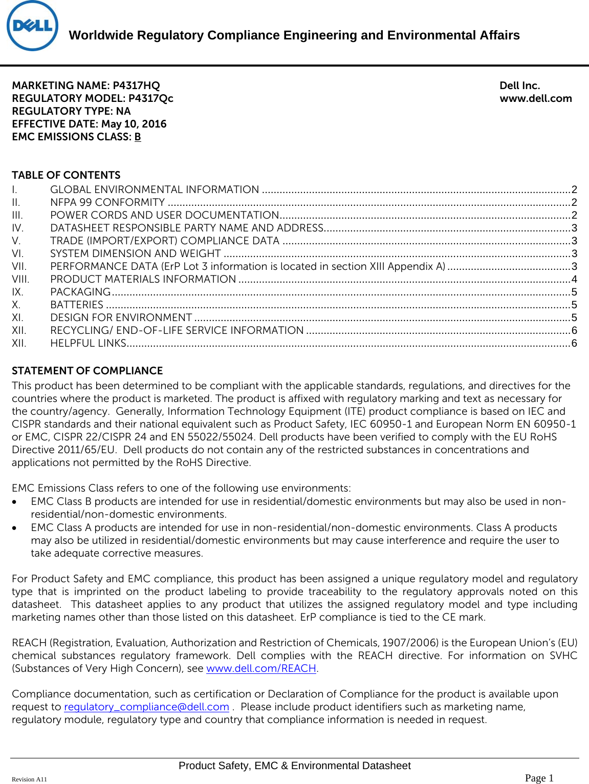 Page 1 of 6 - Dell Dell-p4317q-monitor - Disp_p4317qc User Manual  Regulatory And Environmental Datasheet Monitor P4317q,p4317qc,n A,dell