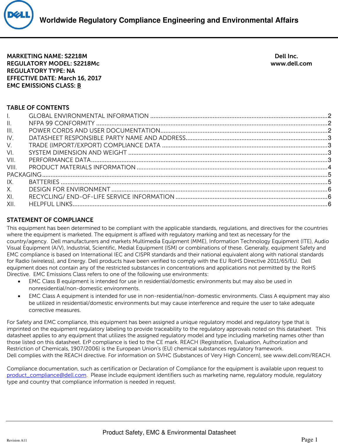 Page 1 of 6 - Dell Dell-s2218m-monitor Product Safety, EMC And Environmental Datasheet User Manual  - Regulatory Monitor S2218m,s2218mc,n A,dell