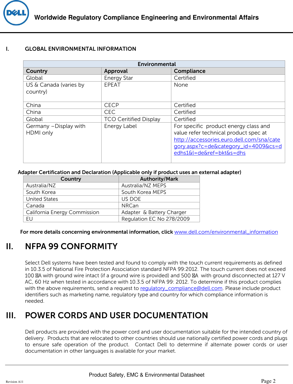 Page 2 of 6 - Dell Dell-s2218m-monitor Product Safety, EMC And Environmental Datasheet User Manual  - Regulatory Monitor S2218m,s2218mc,n A,dell