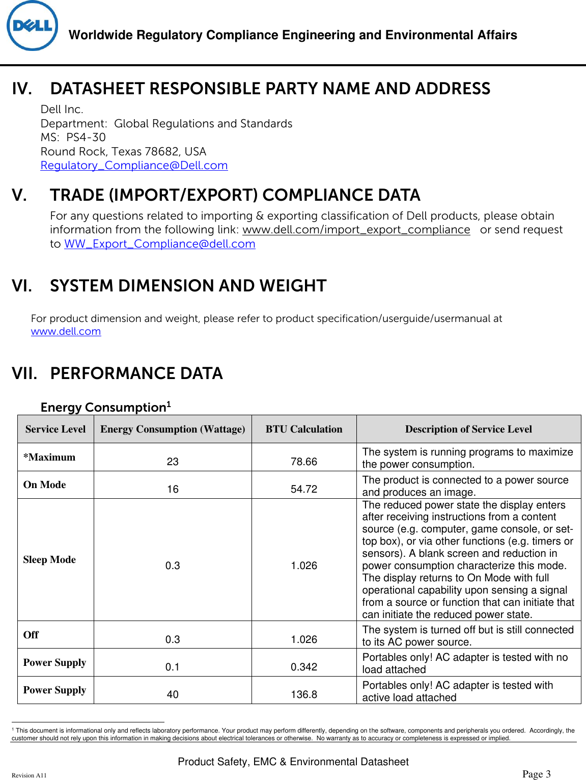 Page 3 of 6 - Dell Dell-s2218m-monitor Product Safety, EMC And Environmental Datasheet User Manual  - Regulatory Monitor S2218m,s2218mc,n A,dell