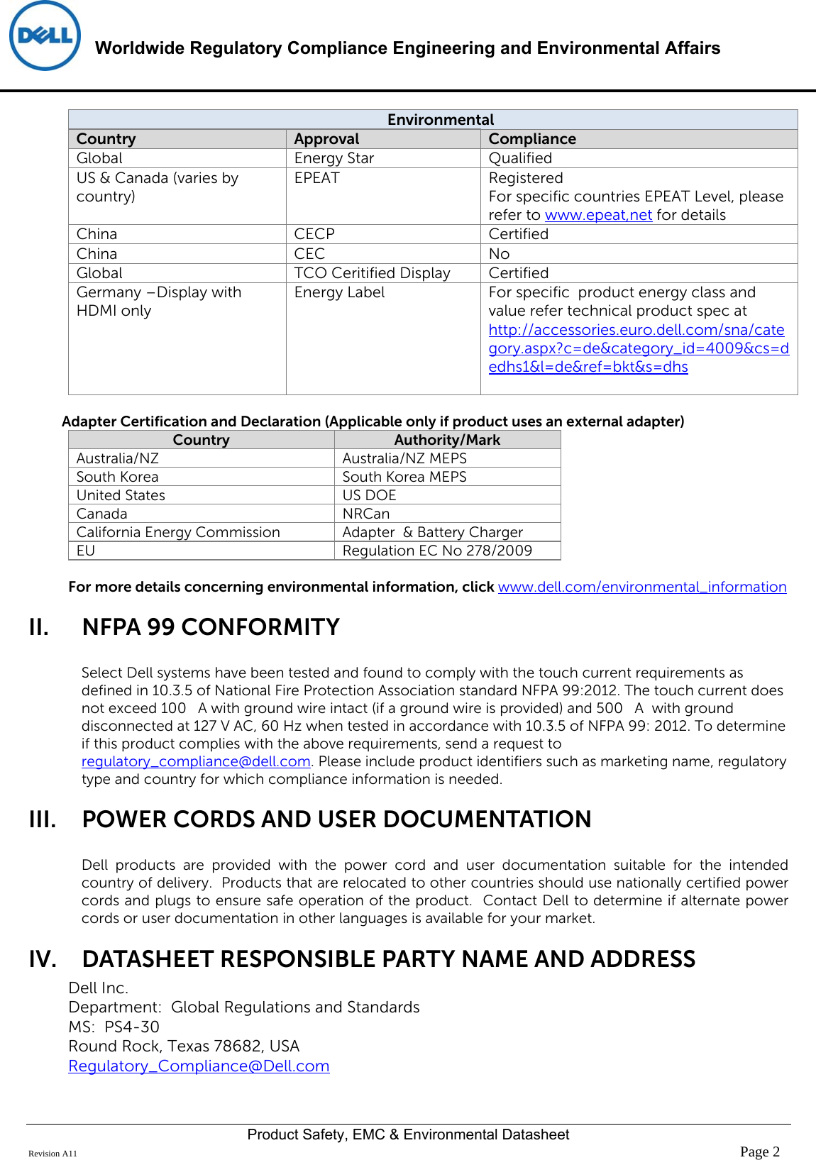 Page 2 of 6 - Dell Dell-s2316h-monitor - Disp_s2316hc User Manual  Regulatory And Environmental Datasheet Monitor S2316h,s2316hc,n A,dell