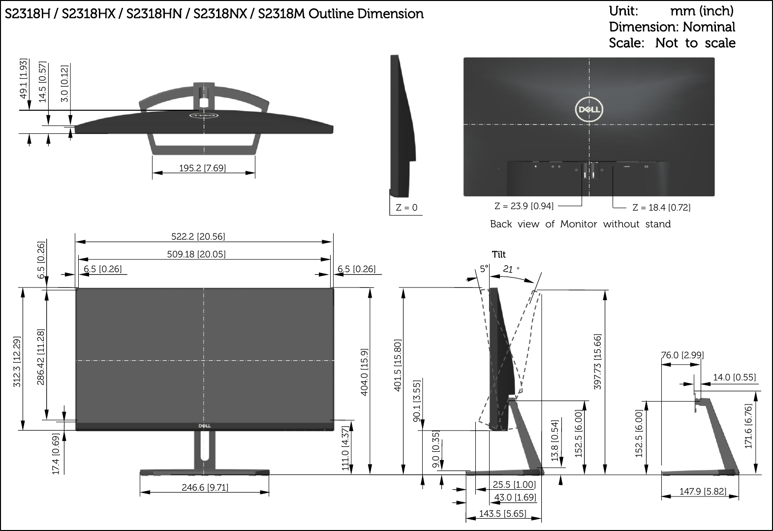 Page 2 of 2 - Dell Dell-s2318h-monitor S2318H_S2318HXГабаритный чертеж User Manual Дополнительные документы - Reference Guide Ru-rs