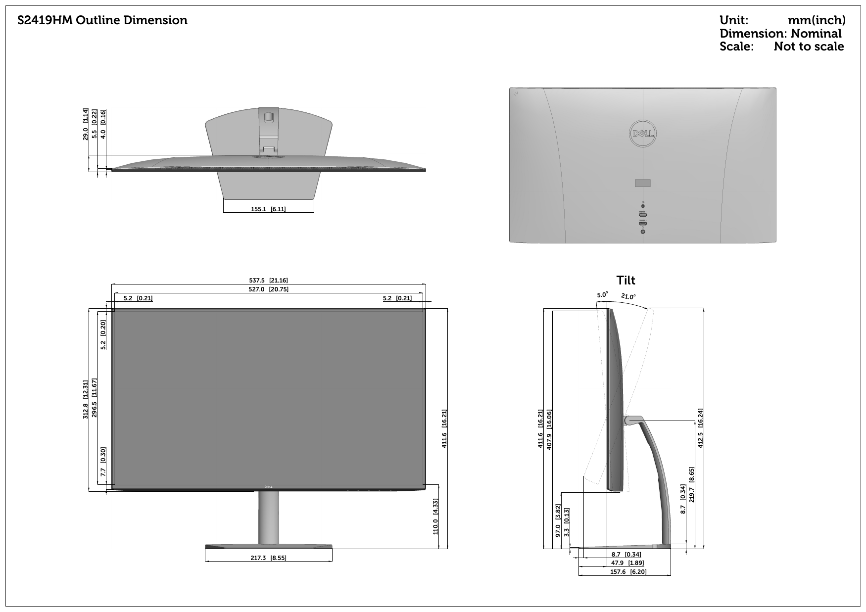 Page 1 of 1 - Dell Dell-s2419hm-monitor S2419HM Monitor Outline Drawing User Manual  - Reference-guide En-us