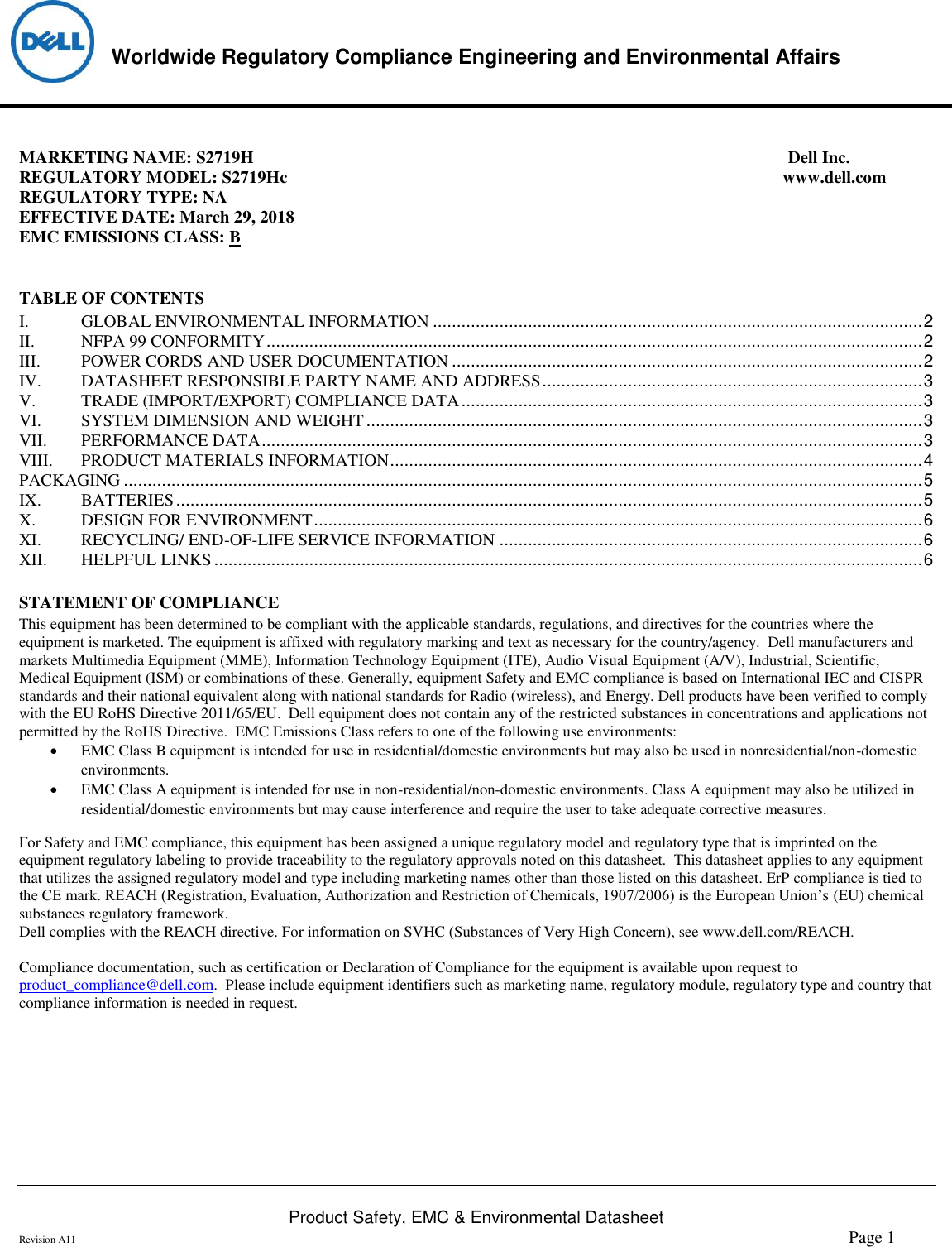 Page 1 of 6 - Dell Dell-s2719h-monitor Product Safety, EMC And Environmental Datasheet User Manual  - Regulatory Monitor S2719h,s2719hc,n A,dell