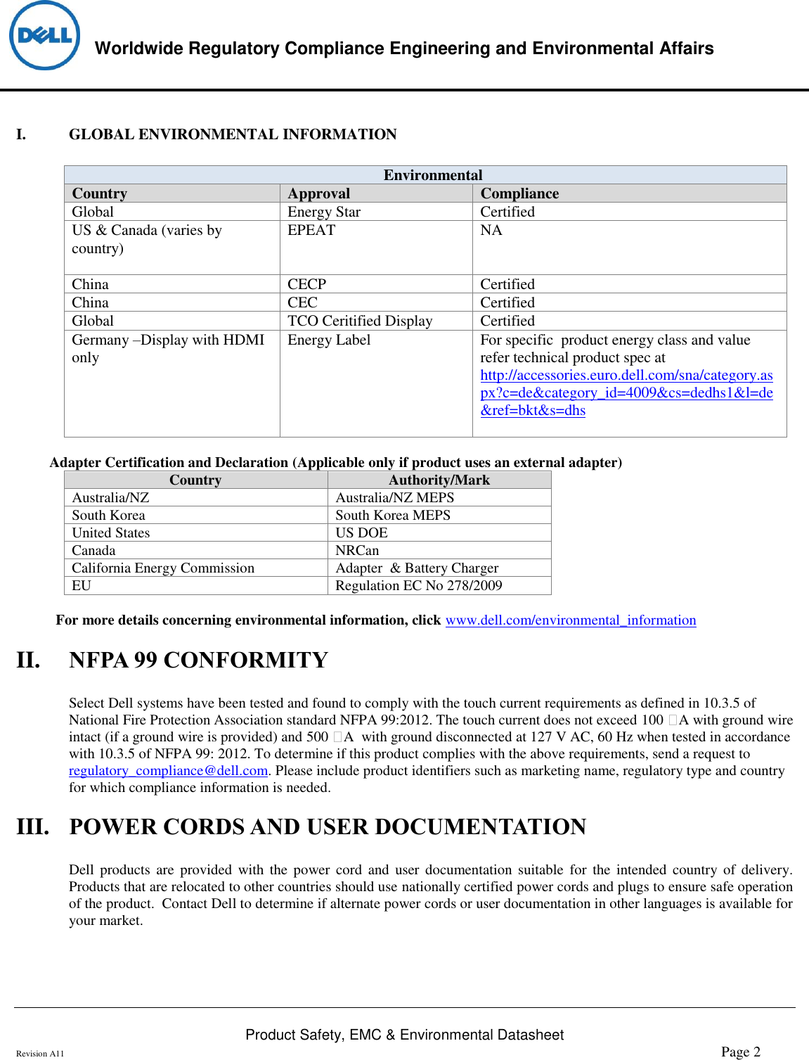 Page 2 of 6 - Dell Dell-s2719h-monitor Product Safety, EMC And Environmental Datasheet User Manual  - Regulatory Monitor S2719h,s2719hc,n A,dell