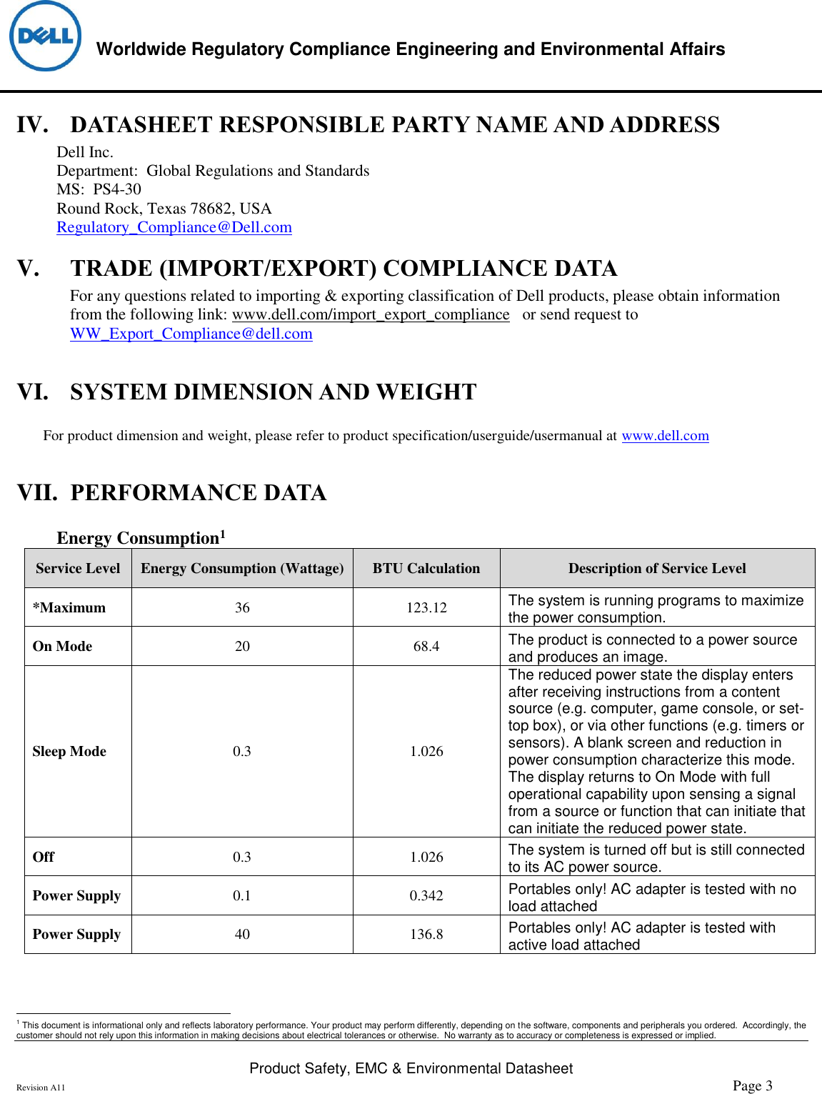 Page 3 of 6 - Dell Dell-s2719h-monitor Product Safety, EMC And Environmental Datasheet User Manual  - Regulatory Monitor S2719h,s2719hc,n A,dell