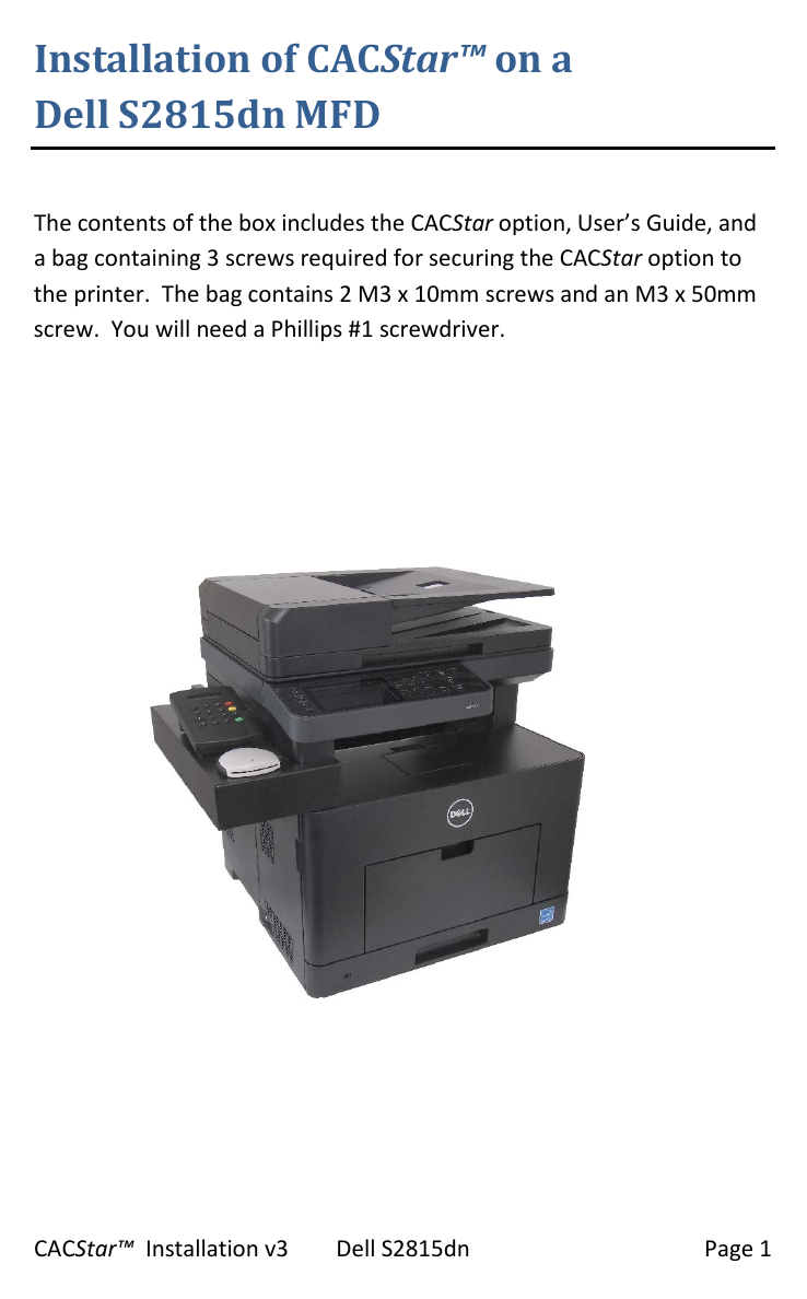 Page 1 of 4 - Dell Dell-s2815dn-printer S2815dn CACStar Smart Card Reader Installation Guide User Manual  - Install En-us