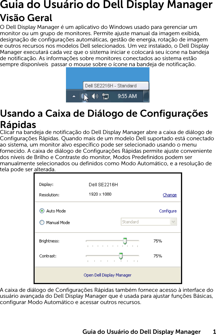 Page 1 of 4 - Dell Dell-se2216h-monitor SE2216H Display Manager Guia Do Usuário User Manual Usuário User's Guide2 Pt-br