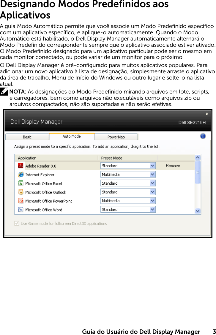 Page 3 of 4 - Dell Dell-se2216h-monitor SE2216H Display Manager Guia Do Usuário User Manual Usuário User's Guide2 Pt-br