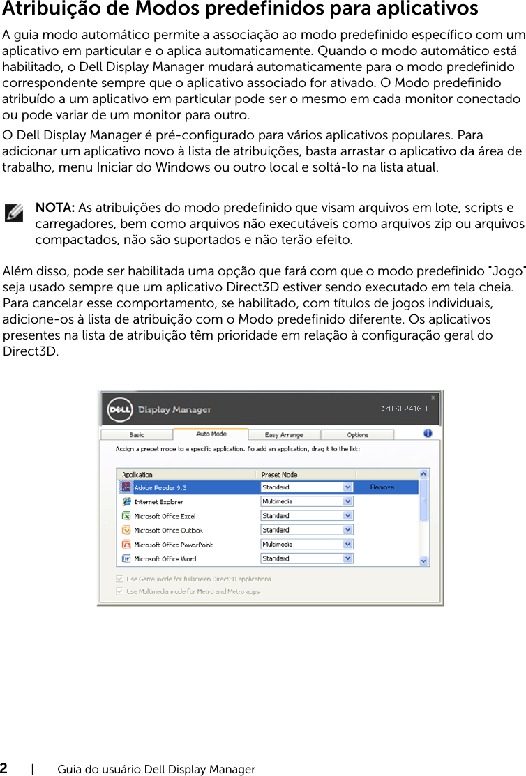 Page 2 of 3 - Dell Dell-se2416h-monitor SE2416H Display Manager Guia Do Usuário User Manual UsuÃ¡rio User's Guide2 Pt-br