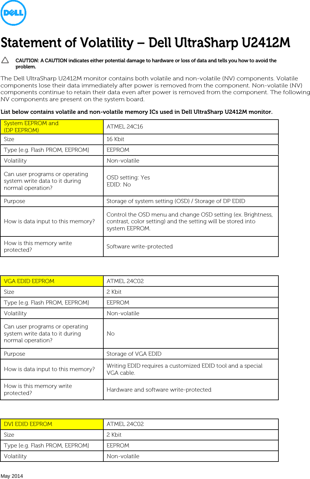 Page 1 of 2 - Dell Dell-u2412m U2412M Monitor Statement Of Volatility User Manual  - White Papers En-us