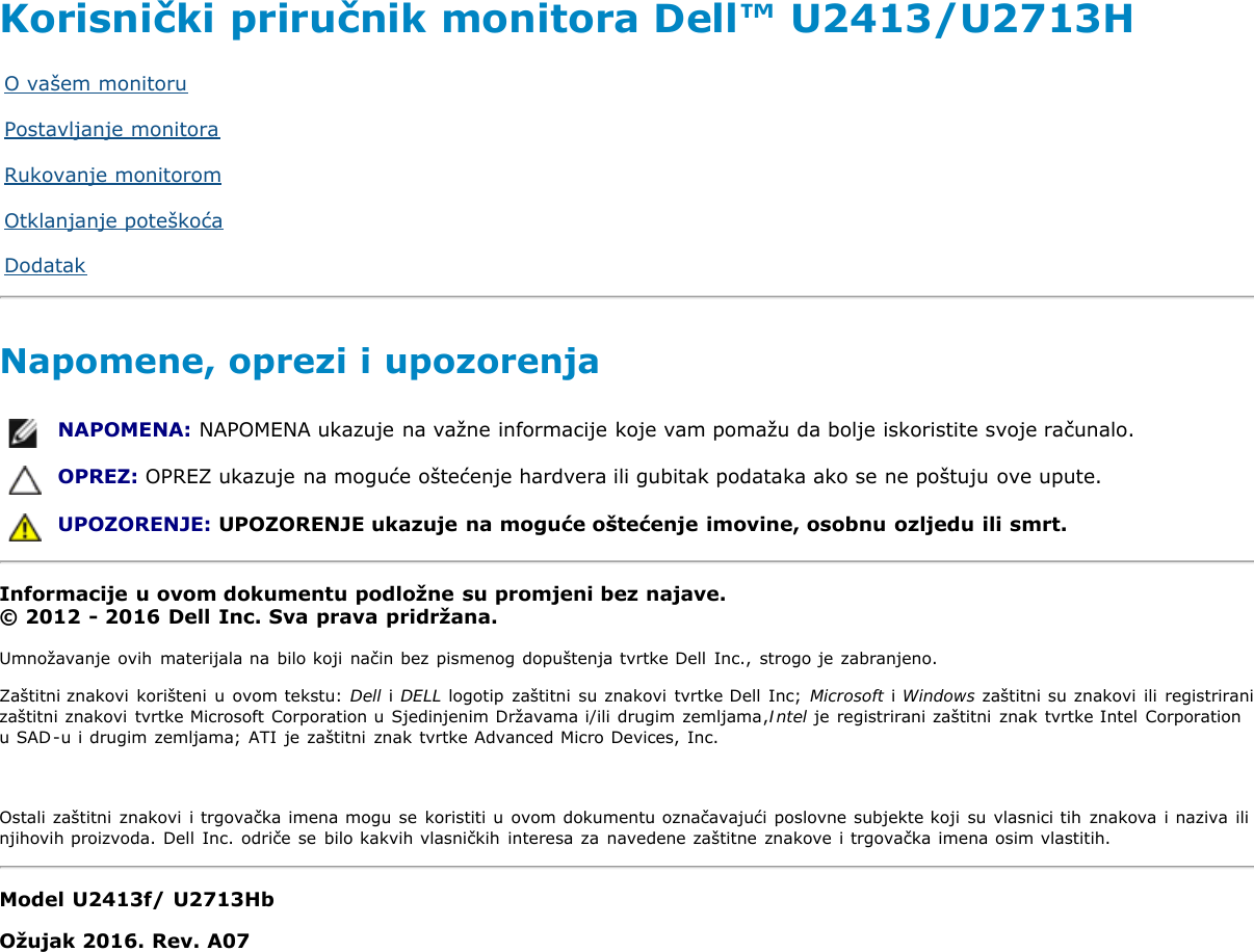 Dell U2413 Ultrasharp Monitor Korisnicki Prirucnik User Manual Ultra Sharp Korisnia Ki Prirua Nik User S Guide Cr Hr