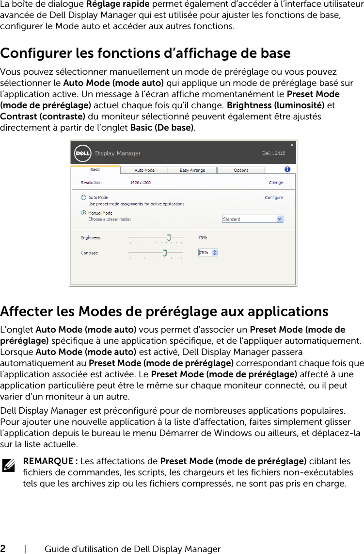 Page 2 of 4 - Dell Dell-u2415 Display Manager Guide D’utilisation De User Manual U2415 L'utilisateur User's Guide2 Fr-fr