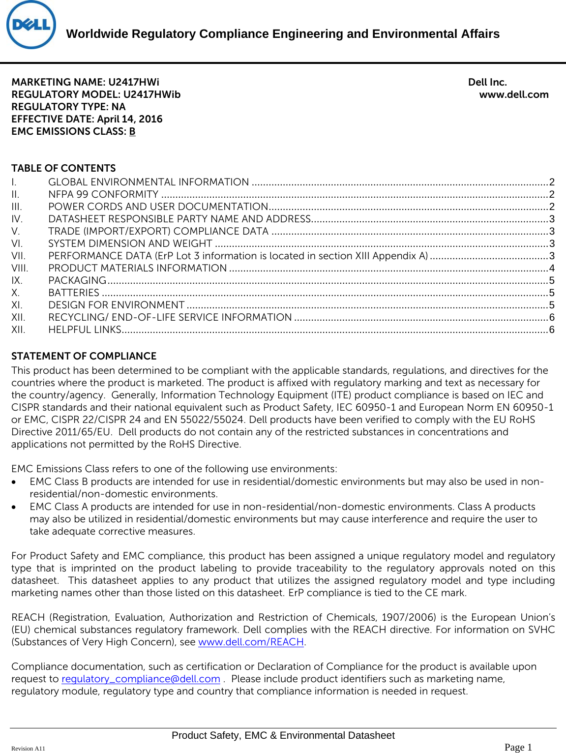 Dell u2417hwi monitor Disp_u2417hwib User Manual Regulatory And  Environmental Datasheet U2417hwi,u2417hwib,n A,dell